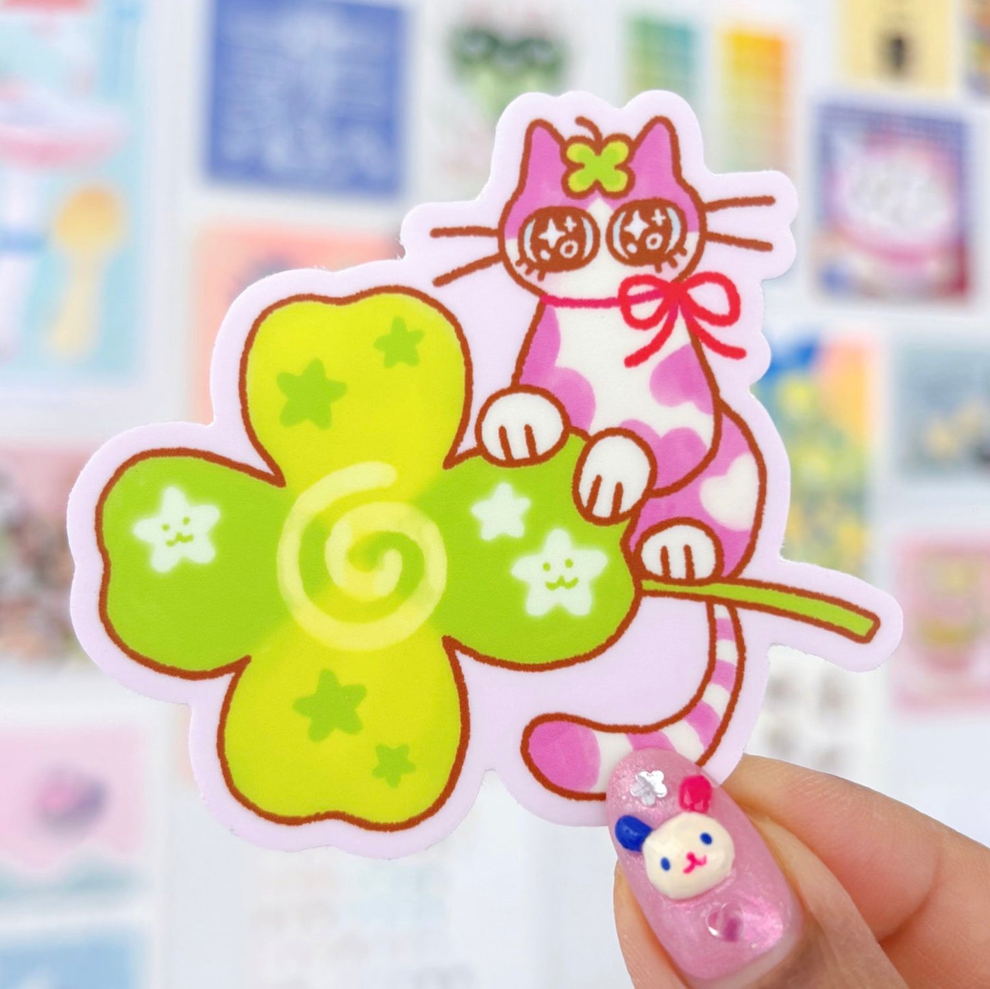 Spiral Clover Cat Sticker